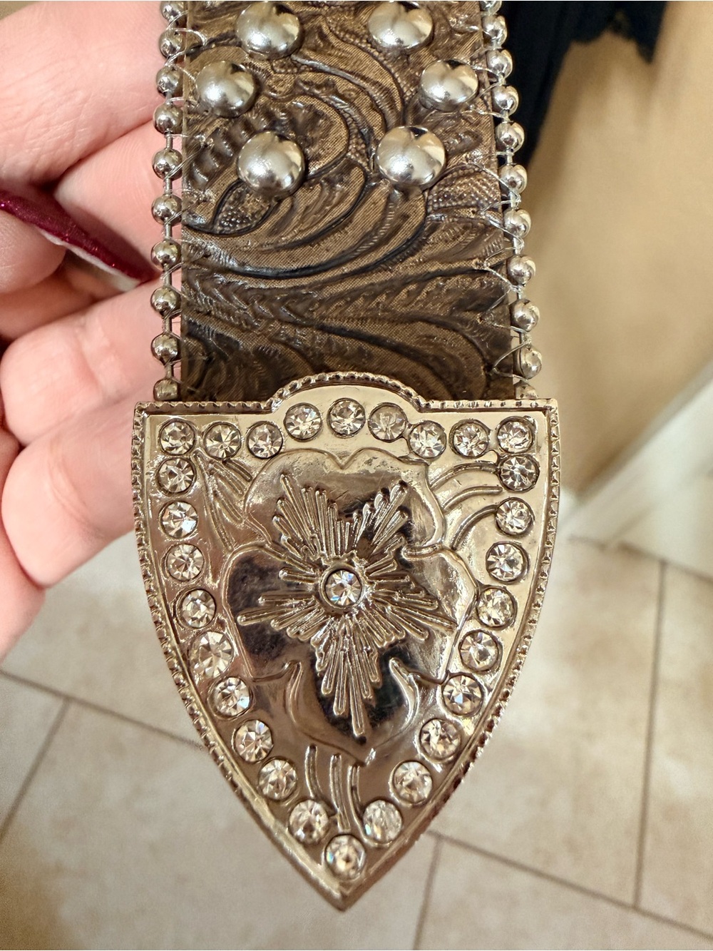 Women's Embossed Brown Leather Belt with Silver Crystal Buckle